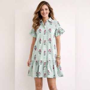 J Crew Fac NWT Printed Ruffle Sleeve Mini Shirt Dress Size 00P in Floral Green